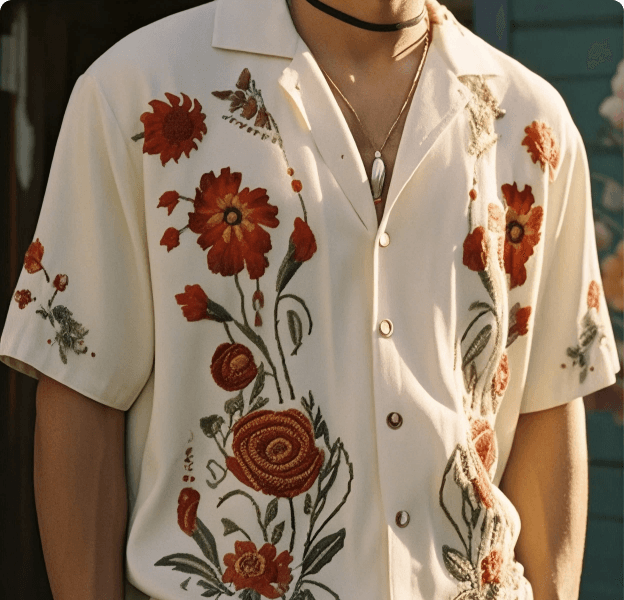 Cream Floral Embroidered Camp Shirt
