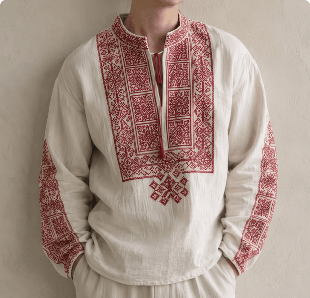 Cream Red Geometric Embroidered Kurta
