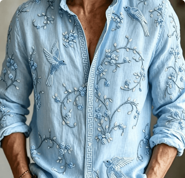 Sky Blue Bird Embroidery Shirt