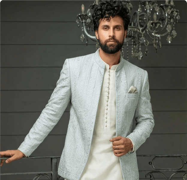 Mint Embroidered Panjabi Bandhgala Set
