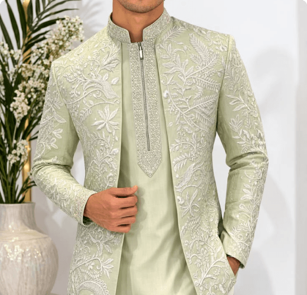 Sage Green Embroidered Sherwani Set