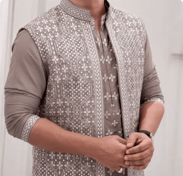 Taupe Embroidered Waistcoat Set