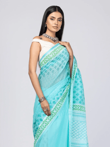 Cyan Printed and Embroidered Cotton Saree