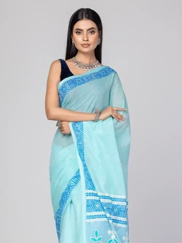 Cyan Printed and Embroidered Cotton Saree
