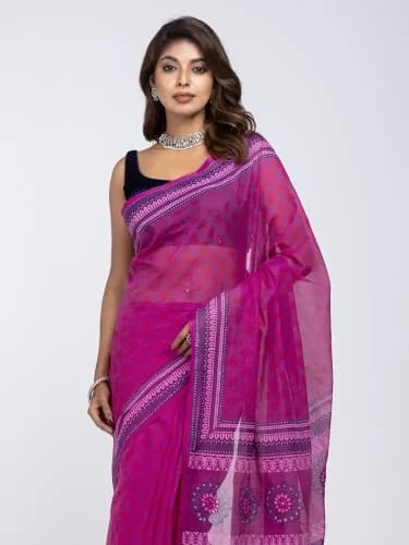 Magenta Printed and Embroidered Cotton Saree