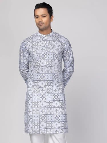 White Printed Cotton Slim Fit Panjabi